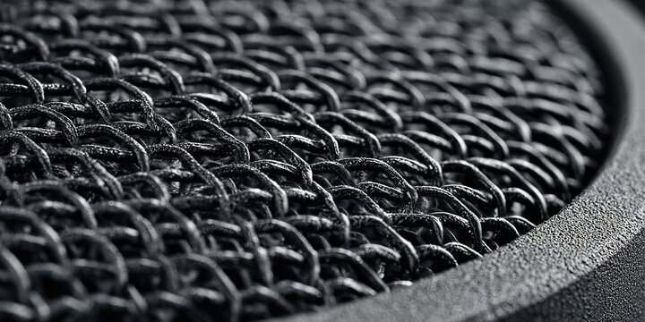 Detailed close-up of a black mesh speaker grille highlighting texture and design intricacies