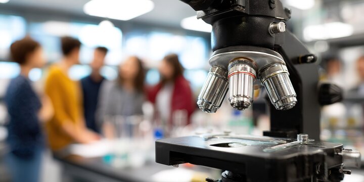 Students engaged in science lesson while using a microscope in a modern laboratory setting