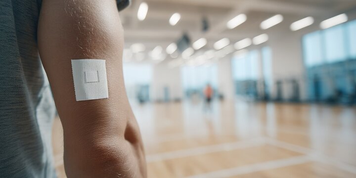 Person with a bandage on their arm in a gym during a sports activity - Powered by Adobe
