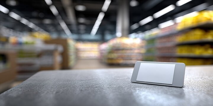 Empty display sign on a table in a grocery store aisle with shelves stocked with goods in the background