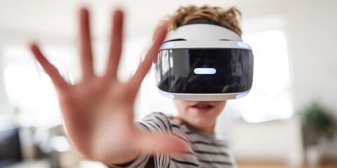 Young boy enjoys virtual reality gaming indoors while wearing a high-tech headset and interacting with the digital world