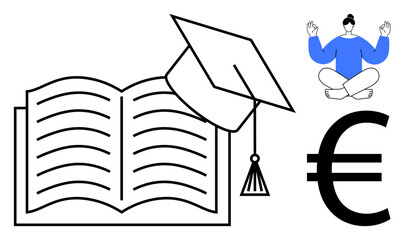 Book with graduation cap, meditating person, and euro sign highlight themes of education, mindfulness, success, finance, learning personal growth well-being. Ideal for education finance. Simple