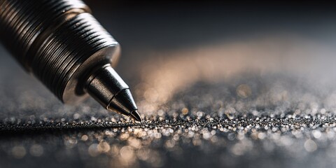 Close-up of a metal pen poised to write on a textured surface illuminated by soft light in a creative workspace setting