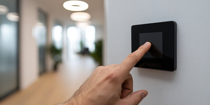 Touchscreen control panel being activated in a modern office setting during daylight