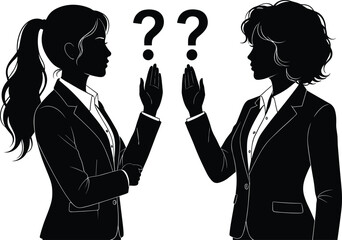 Silhouette businesswomen facing each other with raised hands and question marks, representing confusion, communication challenges, teamwork problems, misunderstanding concept illustration