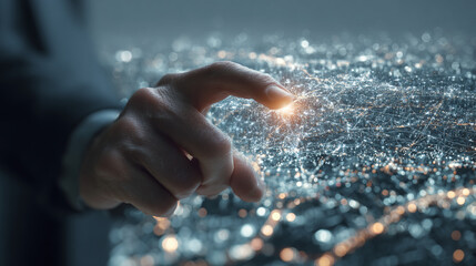 A person's hand touching a glowing, interconnected network, symbolizing technology and data