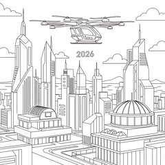Fototapeta premium Futuristic cityscape with flying car isolated on white background