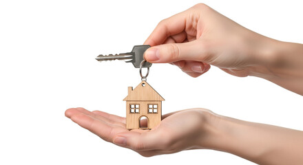 Hand passing house key with wooden keychain graphic