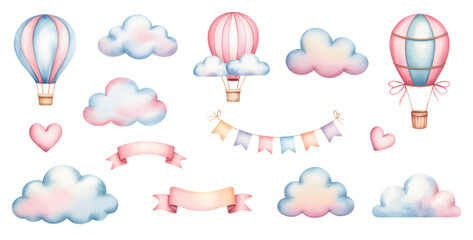 Soft pastel kids watercolor girl celebration set. Watercolor nursery girl birthday sky elements.