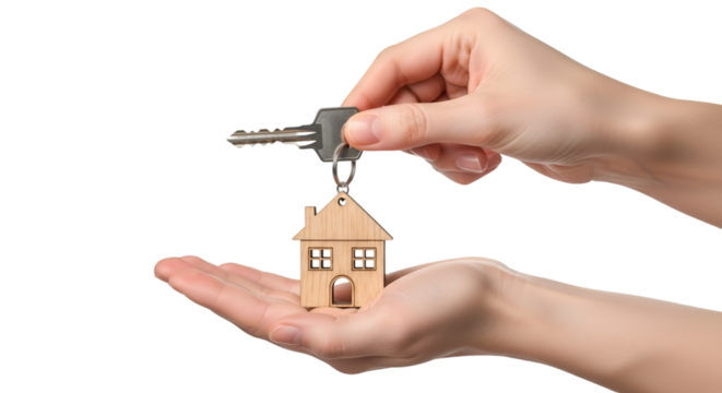 Hand passing house key with wooden keychain graphic