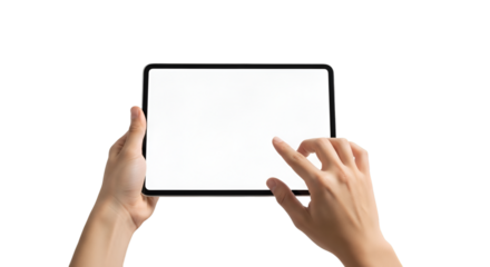 Hands using tablet with blank white screen in landscape