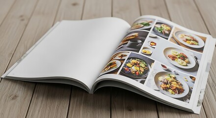 An open cookbook filled with delicious food recipes and vibrant culinary photography, resting on a rustic wooden table