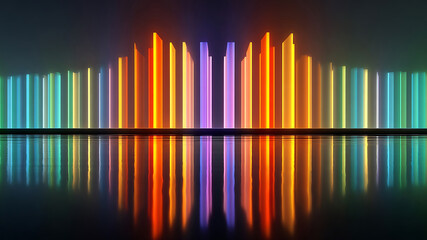 Dynamic Spectrum of Colorful Light Pillars Reflected on Dark, Glossy Surface