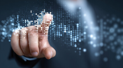 A person's finger touching a digital interface, representing technology and innovation. A close-up shot of a finger pointing at a network of digital dots