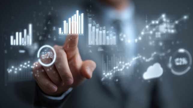 Businessman interacts with data visualization and analytical tools, highlighting innovation in technology