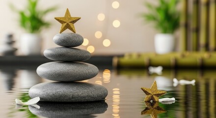 Zen Balancing Stones Stack with Golden Christmas Star on Top Spa Concept