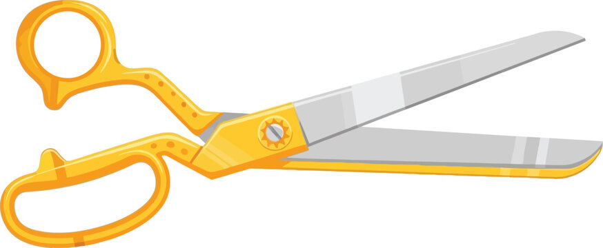 Yellow handled scissors open on a white background studio shot