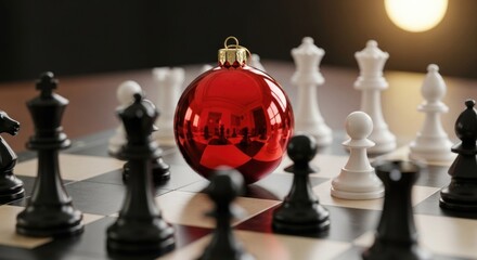 Red Christmas Bauble on Chess Board among Pawns Strategy Concept