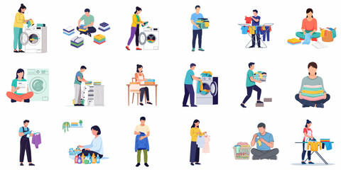 Flat Illustration Diverse People Doing Laundry Chores Activities in Home