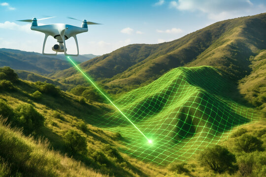 Drone surveying a flat agricultural field with digital laser grid for topographic mapping and precision agriculture applications.