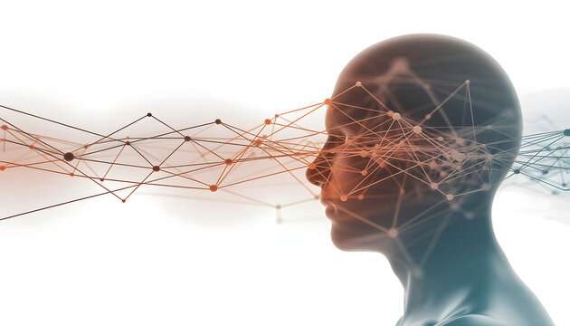 Abstract human head with interconnected network lines and nodes on white background