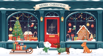 Festive Christmas Shopfront with Decorated Windows, Pets, and Holiday Cheer