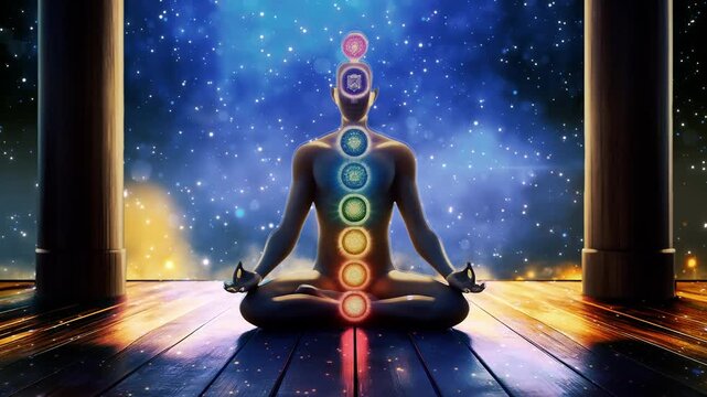Digital animation of a meditating figure with visible chakras