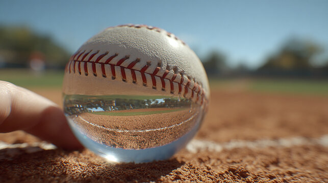A unique perspective of a baseball in the field, captured in a clear crystal ball. The ball is resting on the dirt and a blurred background