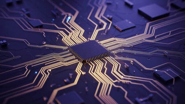 Macro futuristic photograph intricate glowing circuit board central microchip technology - Powered by Adobe