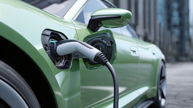 Charging electric car with a power cable, a futuristic eco-friendly vehicle concept