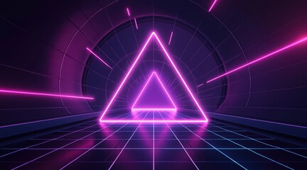 Radiant neon triangle in futuristic tunnel with grid floor glow