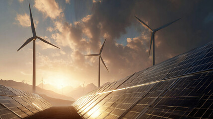 Harnessing renewable energy with wind turbines and solar panels under a dramatic sky