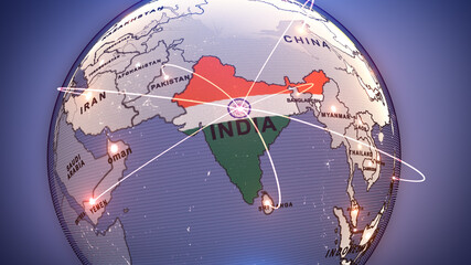 A digital 3D map highlighting India with its national flag colors and labeled “INDIA,” surrounded by neighboring countries on a blue grid globe.