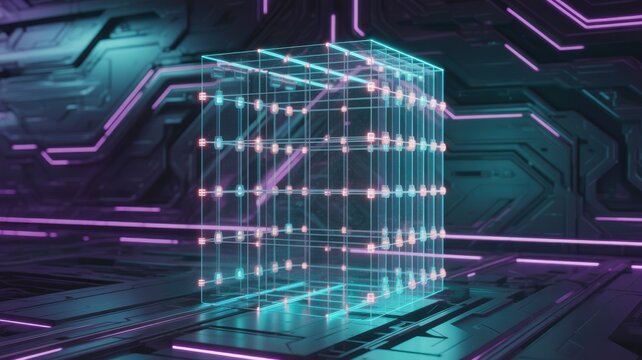 Futuristic data cube network on cybernetic platform background