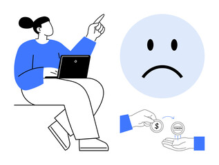 Cryptocurrency concerns. Person using laptop raising hand, sad emotion symbol, and token exchange , cryptocurrency issues. For blockchain, digital finance, fintech, scams education
