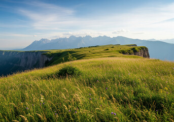 Cliff Edge Vista A Serene Panorama of Grassy Plains and Distant Mountain Peaks Under a Bright Blue Sky on a Sunny Day