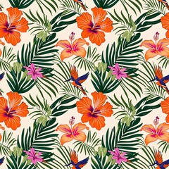 A vibrant tropical scene bursting with colorful hibiscus flowers, golden pineapples, and lush green palm leaves. The background is a soft beige. Seamless pattern, four tiles