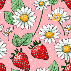 A seamless pattern of white daisies with yellow centers and red strawberries with green leaves on a pink background with white dots, one tile