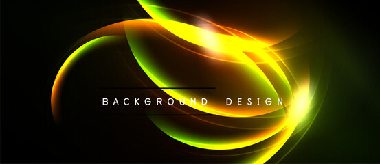 Abstract design features vibrant glowing curves. Yellow, green, orange hues blend against dark backdrop. Modern aesthetic, dynamic energy.