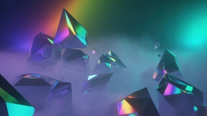 Iridescent geometric crystal formations floating in colorful mist