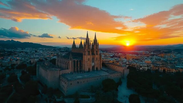 Arial drone video footage of cathedral la seu in palma de mallorca spain timelapse video