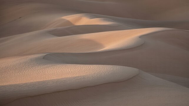 Sunlit desert sand dunes showing elegant wavy ripple patterns