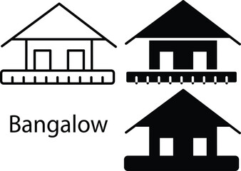 Small Tropical Hut Holiday House Resort Bungalow Building Vector Silhouette and Pictogram..eps