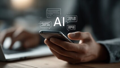 A person is using a cell phone with the word AI on it