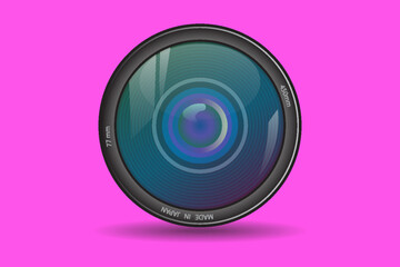 Front view of photo camera lens isolated on pink background. Vector