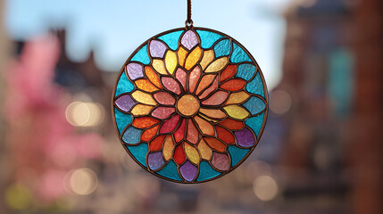 A vibrant stained glass art hanging in front of a blurry background, with beautiful floral patterns