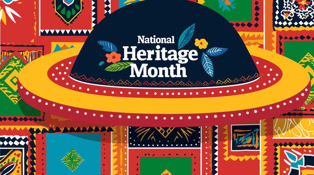 text "National Hispanic Heritage Month " in bold, on top of an illustrated sombrero and vibrant Mexican patterns background. Navy blue, yellow, orange, red, green, turquoise, purple. Colors that repre