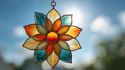 A beautiful stained glass flower with colorful petals hangs against a blurred sky background. The flower is exquisite and a window decor