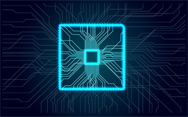 Digital circuit board with glowing processor design on a dark background showcasing technology and innovation