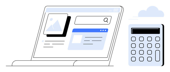 Laptop displaying webpage interface with search bar and calculator nearby. Ideal for research, productivity, fintech, data analysis, e-learning, cloud services, and modern workspace. Simple flat